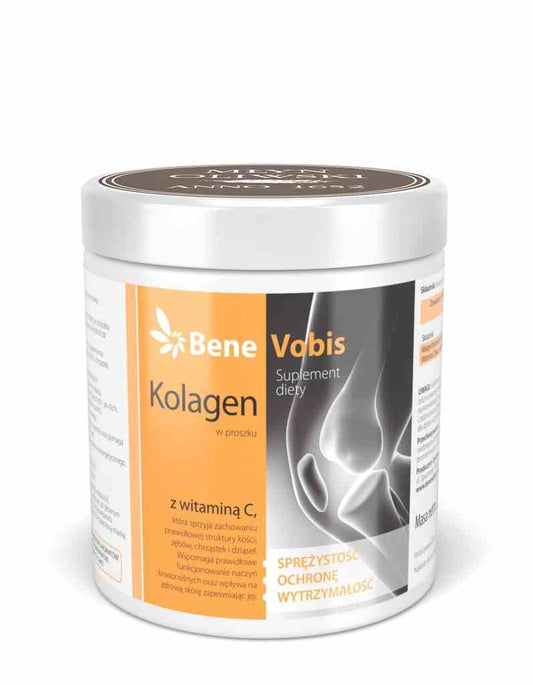 Bene Vobis Kollagen mit Vitamin C, Gelatinehydrolysat in 250 g Dose, Nahaufnahme der Verpackung und Inhaltsstoffe