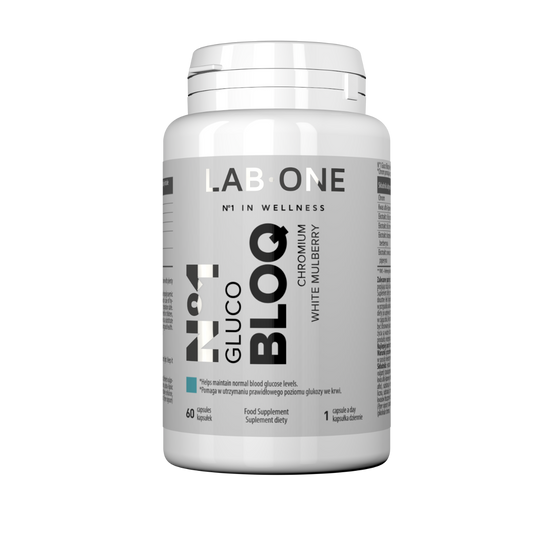 LAB ONE N°1 Gluco BLOQ Kapseln, sichtbare Verpackung mit 60 Kapseln, Nahrungsergänzung gegen Blutzuckerregulation