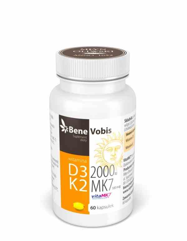 Bene Vobis Vitamin D3 2000IU und K2 MK7 Kapseln, 60 Stück, Nahaufnahme der weißen Kapseln in einer Packung.