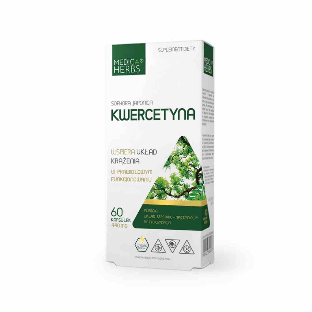 Medica Herbs Quercetin 418mg Kapseln, 60 Stück, Nahaufnahme der braunen Kapseln in einer offenen Packung
