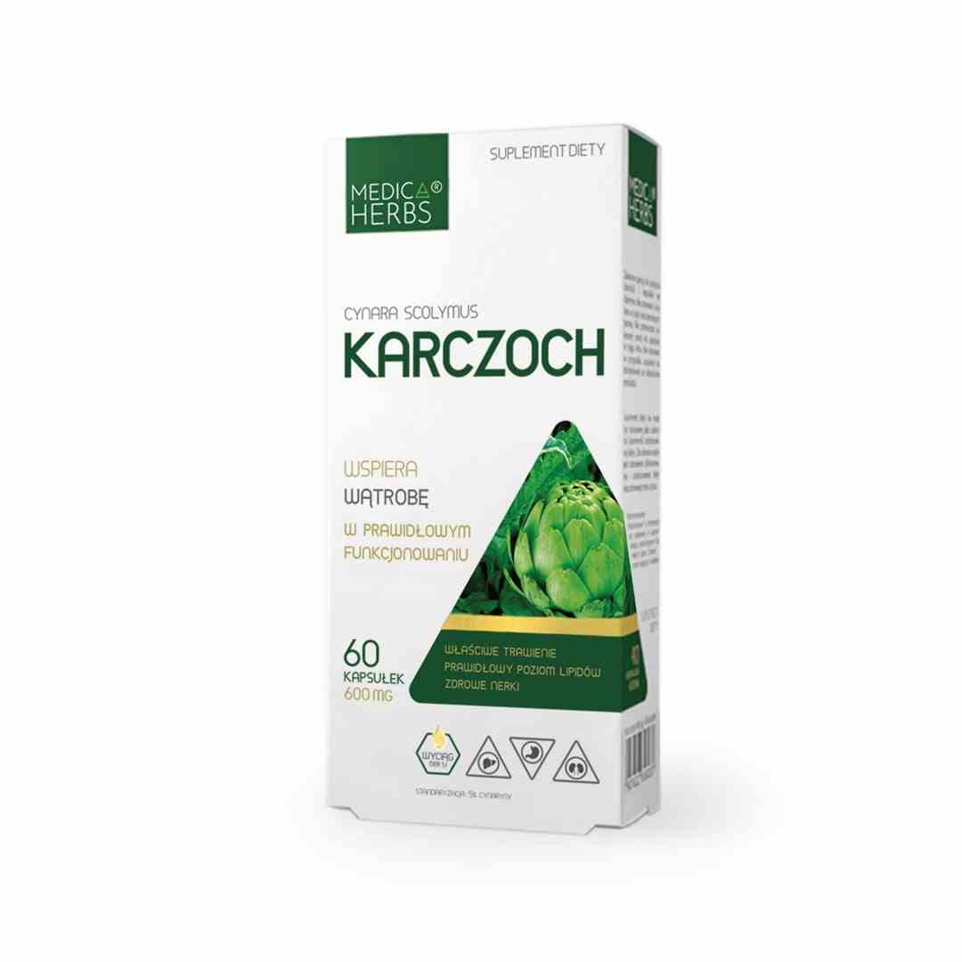 Medica Herbs Artischocke 600mg Kapseln, 60 Stück, zeigt die Verpackung mit grünen Artischocken-Illustrationen.