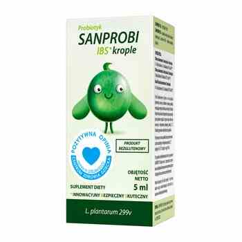 Sanprobi IBS Tropfen in 5 ml Flasche, probiotische Darmpräparate, Sanprobi Marke, sichtbare Flasche und Etikett