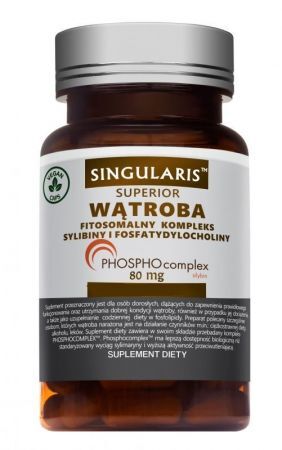 Singularis Leber Phytosomalins 80mg in 60 vegane Kapseln, zeigt die Verpackung mit weißen Kapseln und Produktbeschreibung