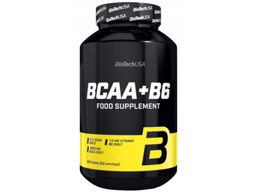 BioTech USA BCAA+ Vitamin B6 Tabletten, Anzeige der weißen Packung mit 100 Tabletten und Produktetikett.