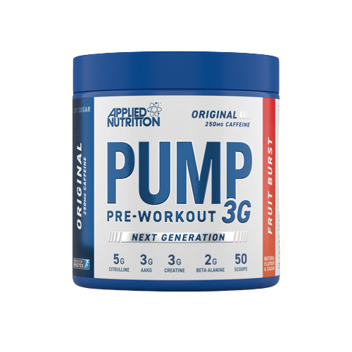 Applied Nutrition Pump 3G Pre-Workout Fruit Burst: Dose mit Pulver in einer Dose, mit fruchtigem Geschmack und Sportnahrung.