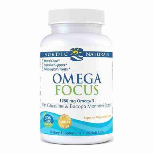 Nordic Naturals Omega Focus Kapseln, 60 Stück, close-up Ansicht der Omega-3-Kapseln in einer braunen Flasche