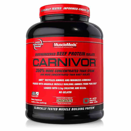 MuscleMeds Carnivor Schokoladengeschmack Proteinpulver in 2038g Dose, Nahaufnahme der Verpackung und Produktbeschreibung