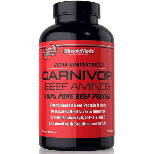 MuscleMeds Carnivor Rindfleisch Aminos, 300 Tabletten, Nahaufnahme der Verpackung mit Tabletten auf weißem Hintergrund
