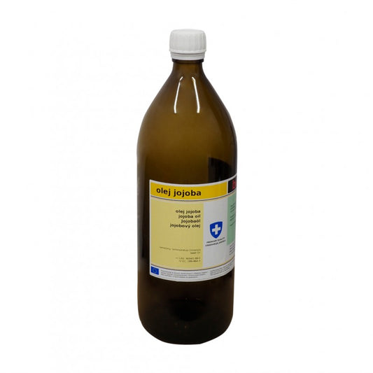 Unraffiniertes Jojobaöl von BIOMUS in einer 500ml Flasche, goldgelbe Farbe und flüssige Konsistenz.