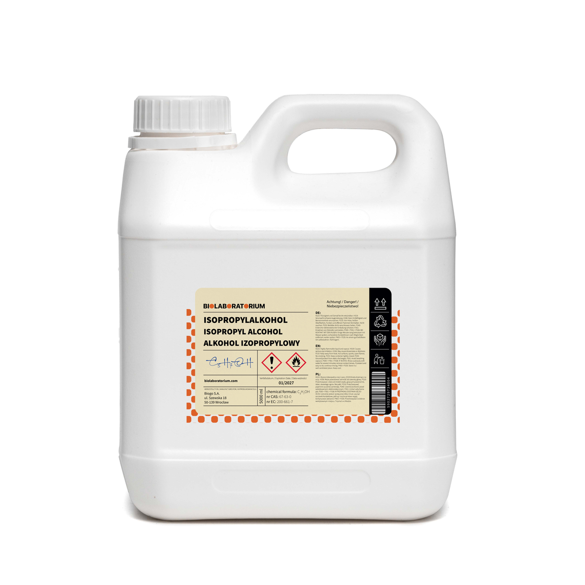 Isopropylalkohol IPA 5L von BioLaboratorium, klare Flüssigkeit in Flasche, für Desinfektion und Reinigung