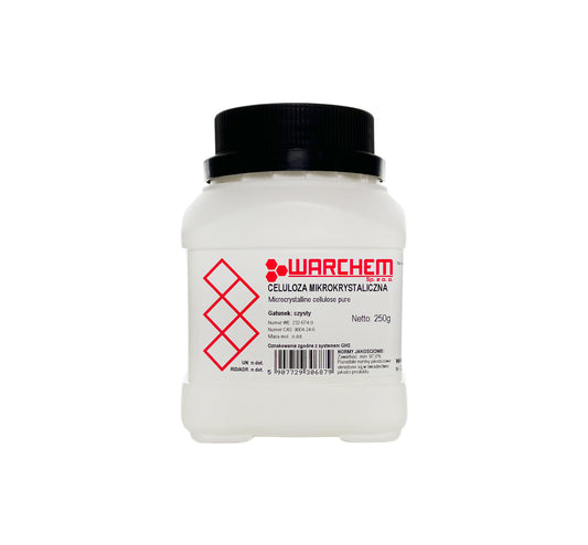 Feines Mikrokrystalline Cellulose Pulver von WARCHEM, 250 g, angezeigt in einer transparenten Verpackung.