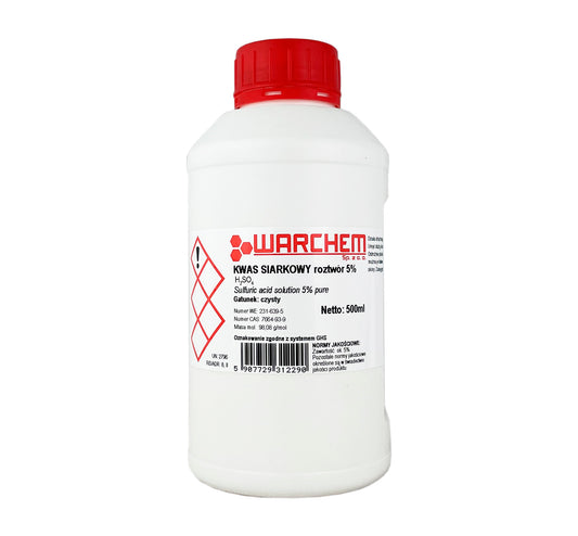 Rein Schwefelsäure 5% in 500 ml Flasche von Biogo.de, klare Flüssigkeit in der Flasche sichtbar