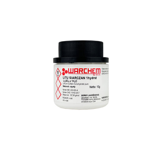 Reines Lithiumsulfat 1-Hydrat, 10 g, biologisch, für chemische Anwendungen, in transparentem Behälter, auf weißem Hintergrund.