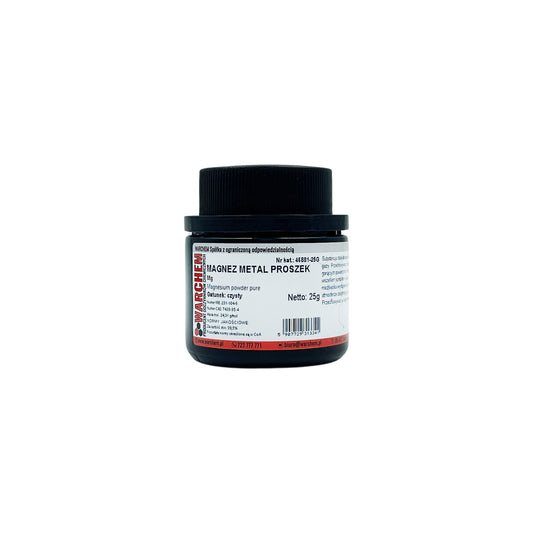 Reines Magnesium Metall Prodiumm 25g in einem transparenten Behälter, ideal für chemische Anwendungen, auf weißem Hintergrund.
