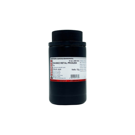 Reines Magnesiummetall Prodiummetal in 50g Verpackung, biologisch abbaubar, für chemische Anwendungen, auf weißem Hintergrund.