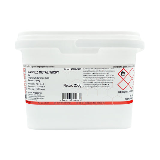 Reines Metall Magnesium in 250g Packung von WARCHEM, ideal für chemische Anwendungen, auf weißem Hintergrund sichtbar.