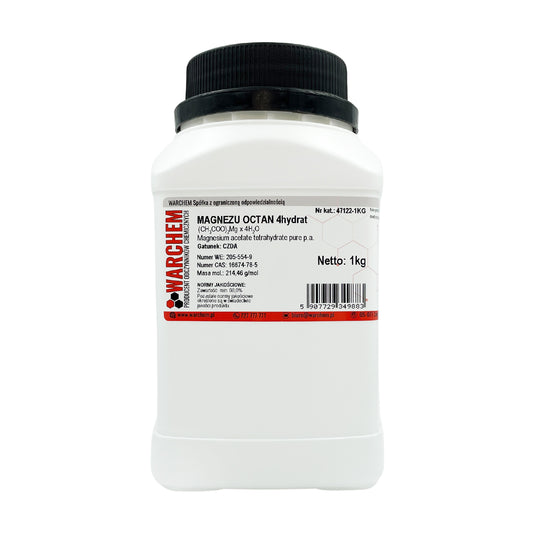 Magnesium-Acetat 4-Hydrat in 1 kg Verpackung, chemische Substanz von Biogo.de, sichtbarer Behälter mit Pulver.