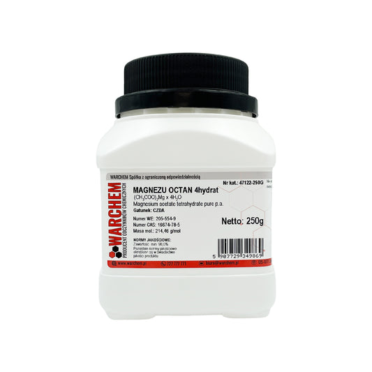 Magnesiumacetat 4-Hydrat in 250g Packung, chemische Substanz von Biogo.de, zeigt die weiße, kristalline Substanz in der Verpackung