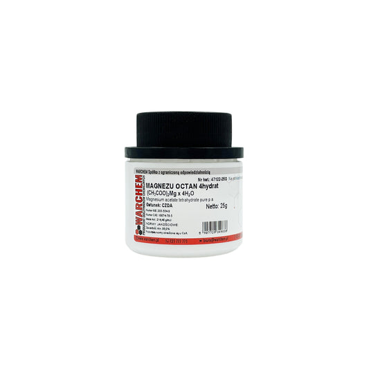 Magnesium-Acetat 4-Hydrat in 25g Packung, biologisches Produkt von Biogo.de, zeigt die Verpackung und das Pulver.