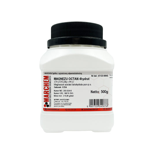 Magnesium-Acetat 4-Hydrat in 500g Verpackung, chemische Verbindung, weißes Pulver, von Biogo.de auf dem Bild zu sehen