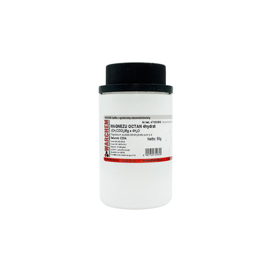 Magnesiumacetat 4-Hydrat, 50g Packung, Biogo.de, chemisches Mineralstoffpräparat, sichtbarer Produktkarton und Verpackung