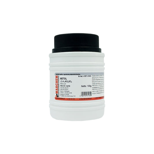 Reines METOL 100g WARCHEM, chemisches Reagenz von Biogo.de, in einer transparenten Verpackung auf weißem Hintergrund.