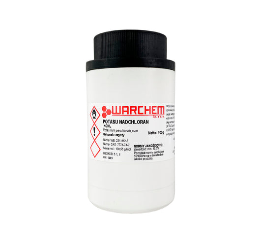Reines Kalium Nadchlorat in 100g Verpackung, chemisches Reagenz für Laboranwendungen, von WARCHEM, auf weißem Hintergrund.