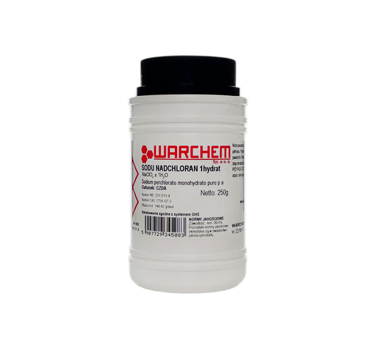Sodium Nadchlorat 1-Hydrat in 250g Verpackung, chemisches Reagenz, von Biogo.de, auf weißem Hintergrund.
