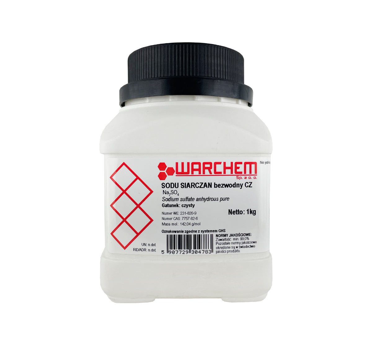 Reines wasserfreies Natriumsulfat in 1kg Verpackung, chemisch rein, von Biogo.de, auf weißem Hintergrund.