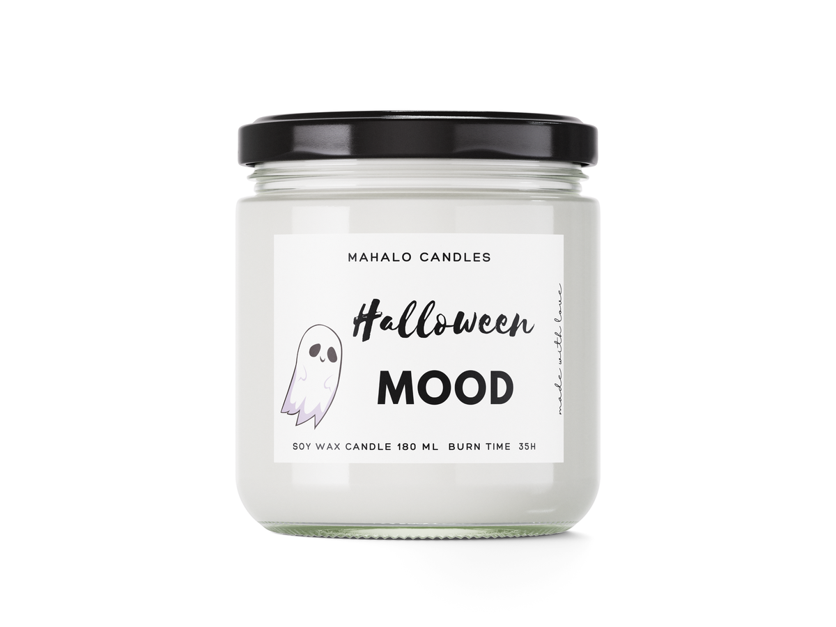 Handgefertigte Halloween Mood Sojakerze von MahaloCandles, 180 ml, in einer dekorativen Halloween-Design-Kerze.