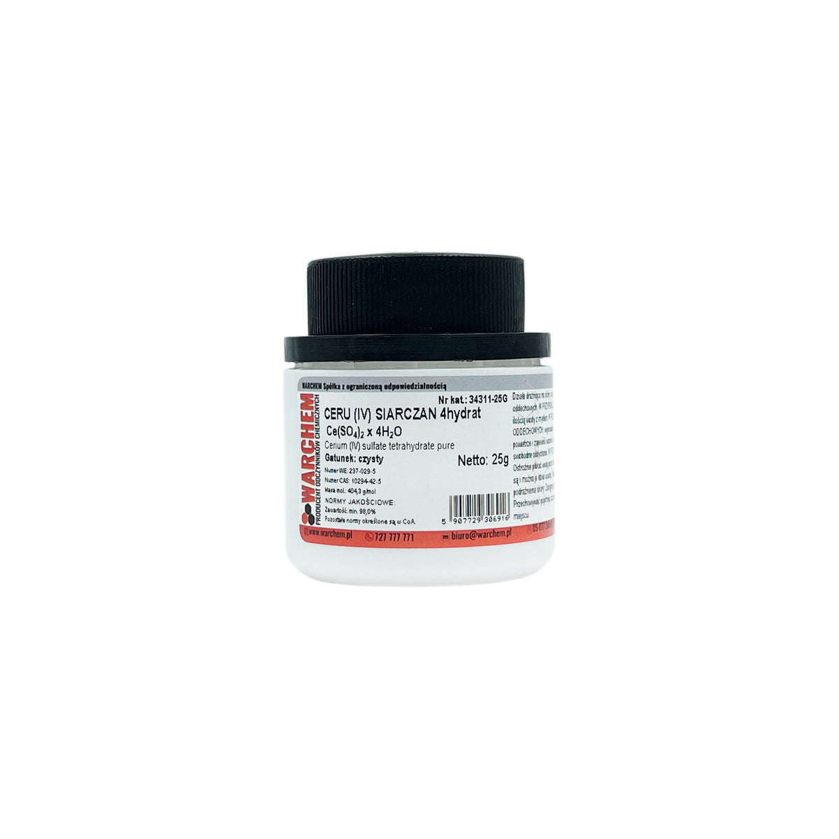 Reines Cerium(IV)-sulfat 4-Hydrat, 25g, chemisches Reagenz, sichtbarer Pulver- oder Kristallzustand, in einer Verpackung.
