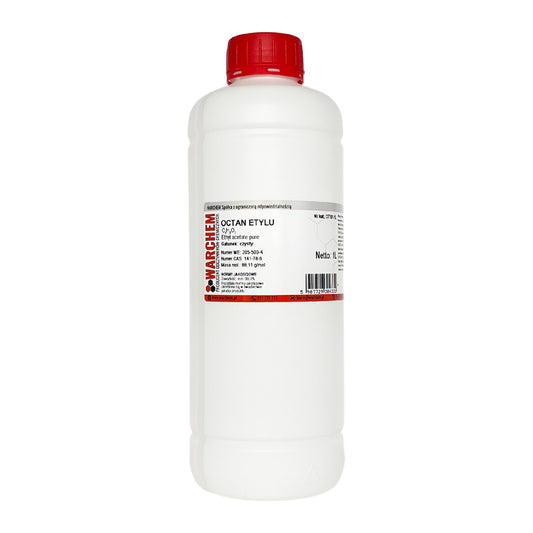 Rein Ethylacetat in 1L Flasche von WARCHEM, klare Flüssigkeit in transparenter Flasche mit weißem Verschluss
