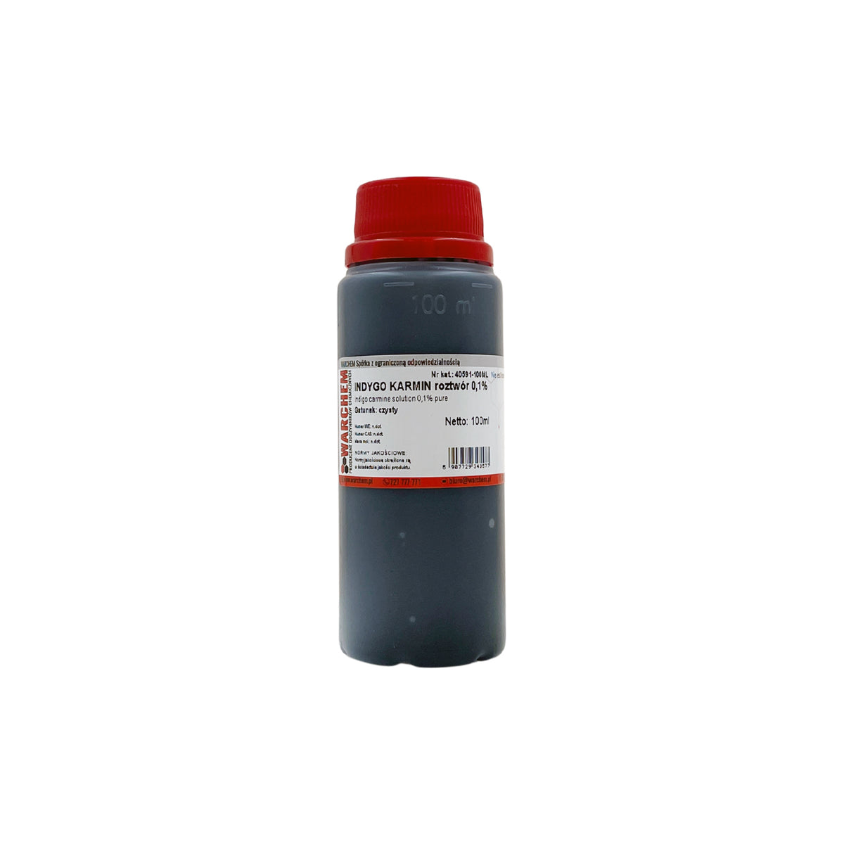 Indigo-Carmine Lösung 0,1 % von WARCHEM, 100 ml Flasche, klare Flüssigkeit in transparentem Behälter