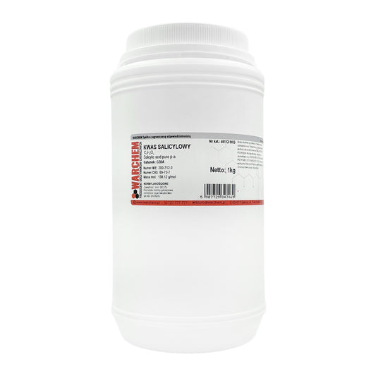 Salicylsäure in 1kg Packung von WarChem, chemisches Reagenz für Hautpflege und chemische Anwendungen, auf weißem Hintergrund.