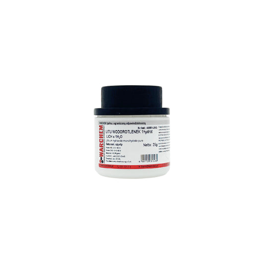 Reines Lithiumhydroxid 1-Hydrat, 25g, chemisches Produkt von Biogo.de, in einem transparenten Behälter.