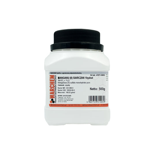 Reines Mangan(II)-sulfat 1-Hydrat, 500g, Biogo.de, chemische Verpackung, weißes Kristallpulver auf weißem Hintergrund