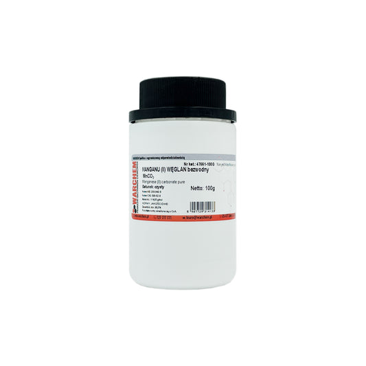 Reines MANGANIUMCARBONAT (II) wasserfrei, 100g, in einer transparenten Verpackung auf weißem Hintergrund.