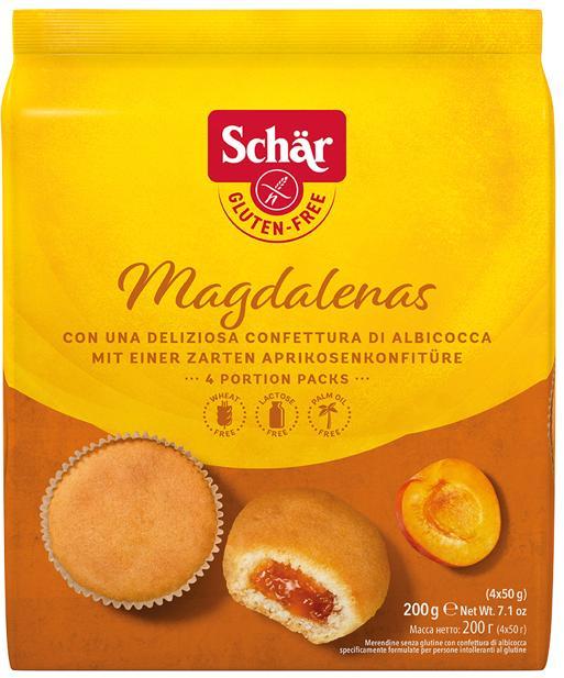 Glutenfreie Magdalenas Cupcakes mit Aprikosenfüllung von SCHAR, vier Stück, 200 g, frisch und saftig.
