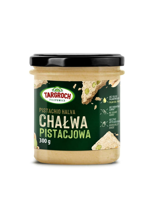 Zuckerfreie Pistazienhalwa von Targroch, 300g, mit grüner Pistazienmasse in einer Verpackung, auf weißem Hintergrund