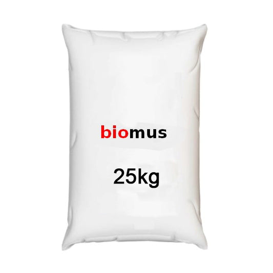 Natriumascorbat Pulver, mindestens 99,5 %, in 25 kg Verpackung, BIOMUS, feines weißes Pulver auf weißem Hintergrund