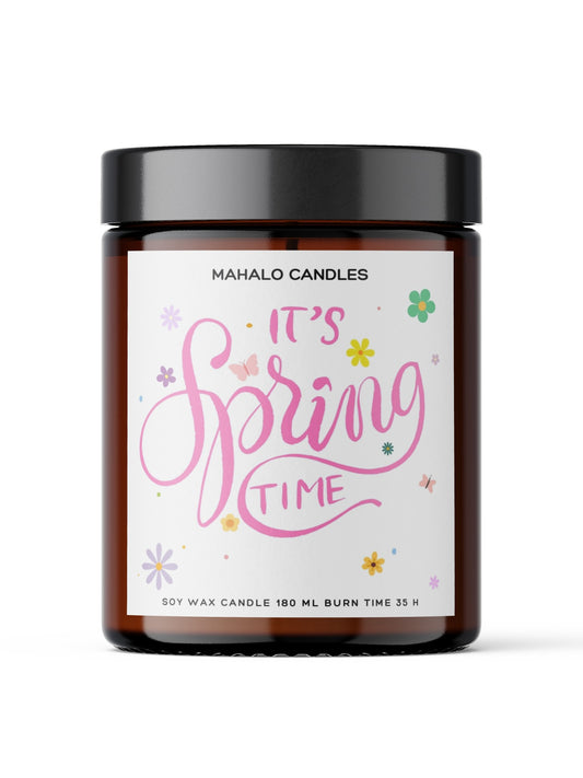 Handgefertigte Sojakerze "It's Spring Time" von MahaloCandles in 180ml Glas mit Frühlingsdesign