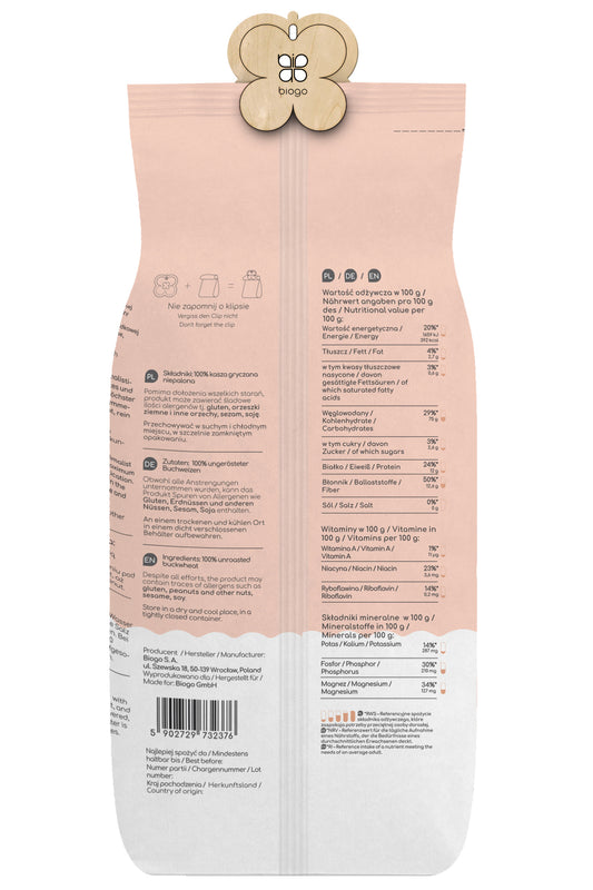 Ungeschälte Buchweizengrütze in 1 kg BIOGO Verpackung, sichtbar in der Verpackung mit sichtbarem Produkt.