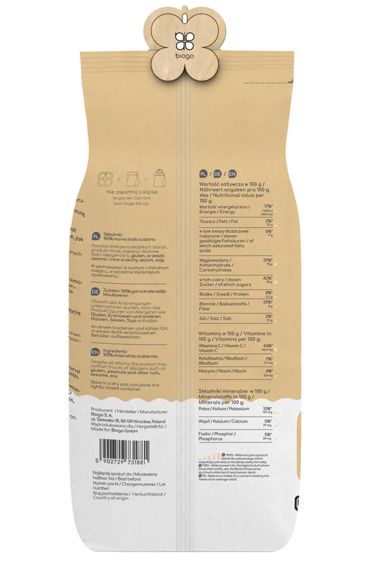 Getrocknete weiße Maulbeeren von Biogo GmbH, 500 g, in einer transparenten Verpackung, sichtbar auf der Verpackung.