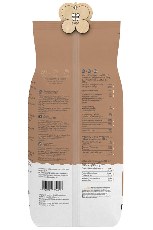 Bio-Paranüsse, 1 kg, von Biogo GmbH, zeigt die braunen, gerösteten brasilianischen Nüsse auf der Rückseite der Verpackung