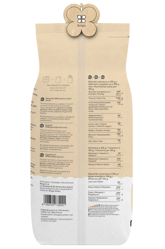 Bio-Walnüsse in 800 g Verpackung, ganze Walnüsse mit brauner Schale, typisch für die Marke Biogo GmbH.