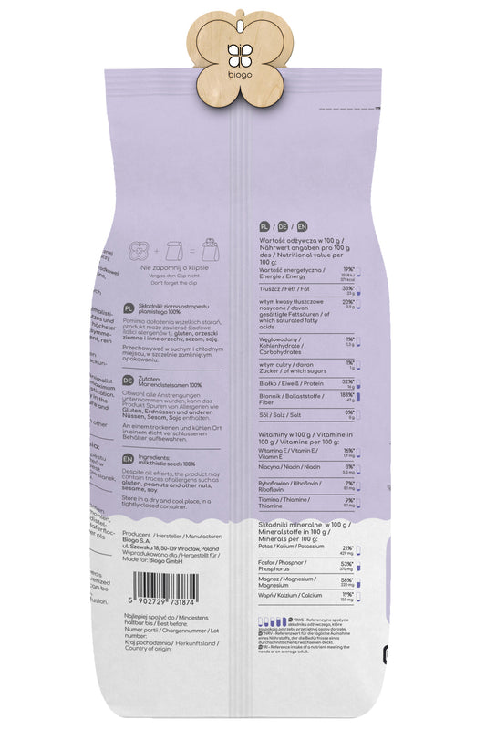 Bio Mariendistelsamen in 800 g Verpackung, geöffneter Beutel, sichtbare Samen, für gesunde Leber, von Biogo GmbH