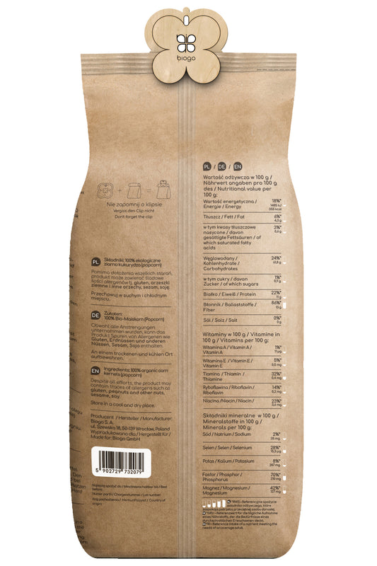 Bio-Obstpreiskörner von Biogo GmbH, 1 kg, für Popcorn, voll biologisch, in einer offenen Tüte.
