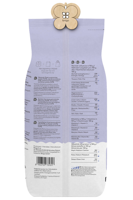 Getrocknete Bio-Pflaumen von Biogo GmbH, 1 kg, gezeigt in der Verpackung mit Pflaumen auf der Rückseite.