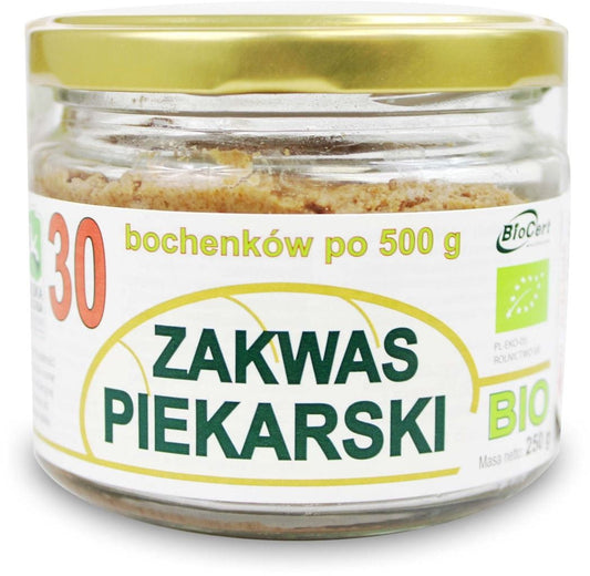 Bio Sauerteig von BIONAT in 250 g Packung, mit sichtbarem lebendem Teig und Mehlstaub auf natürlicher Verpackung