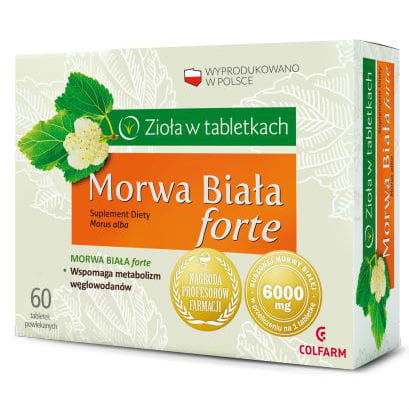 Weiße Maulbeere FORTE 6000 mg Tabletten von COLFARM, nahaufnahme der weißen Maulbeer-Tabletten in Verpackung